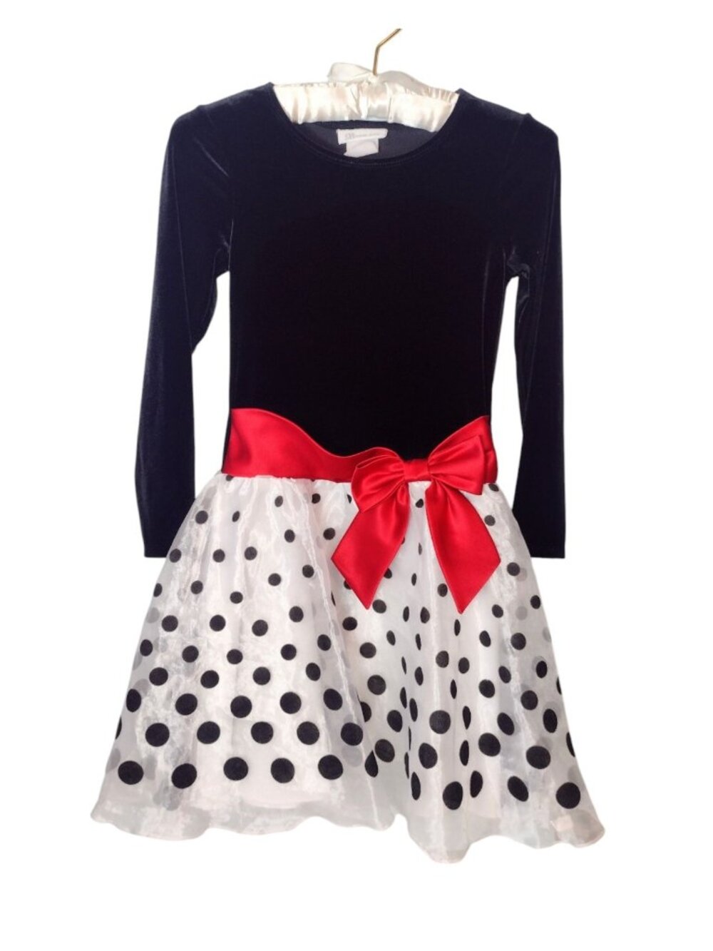 Bonnie Jean Velvet Taffeta Polka Dot Dress 8 Holiday Party Twirl Bow Vintage